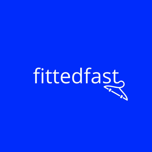 Fittedfast lettering with illustrated clothes hanger hanging off the last letter.