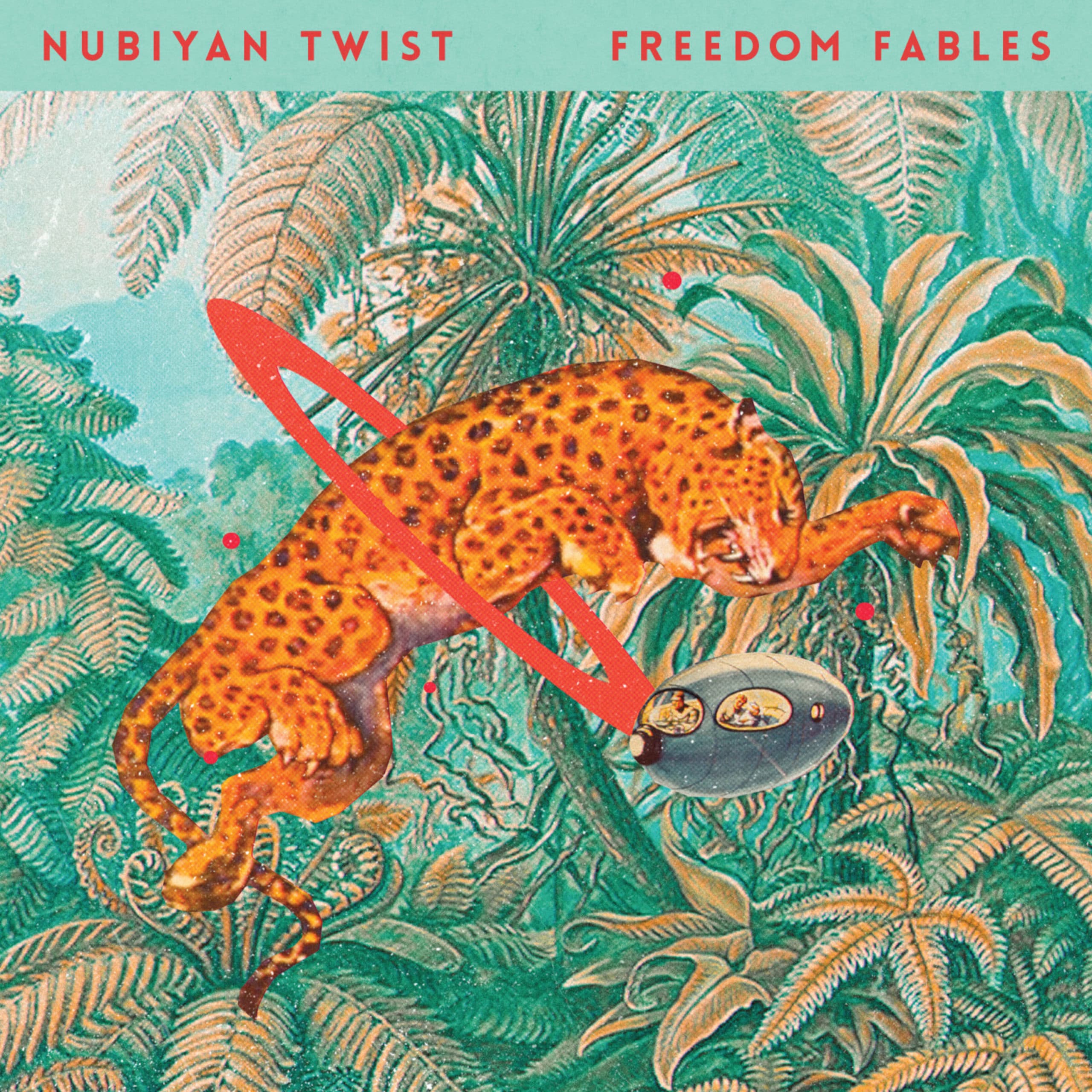 A Leopard jumping through the jungle, through a red ring created by a spaceship. Nubiyan Twist - Freedom Fables