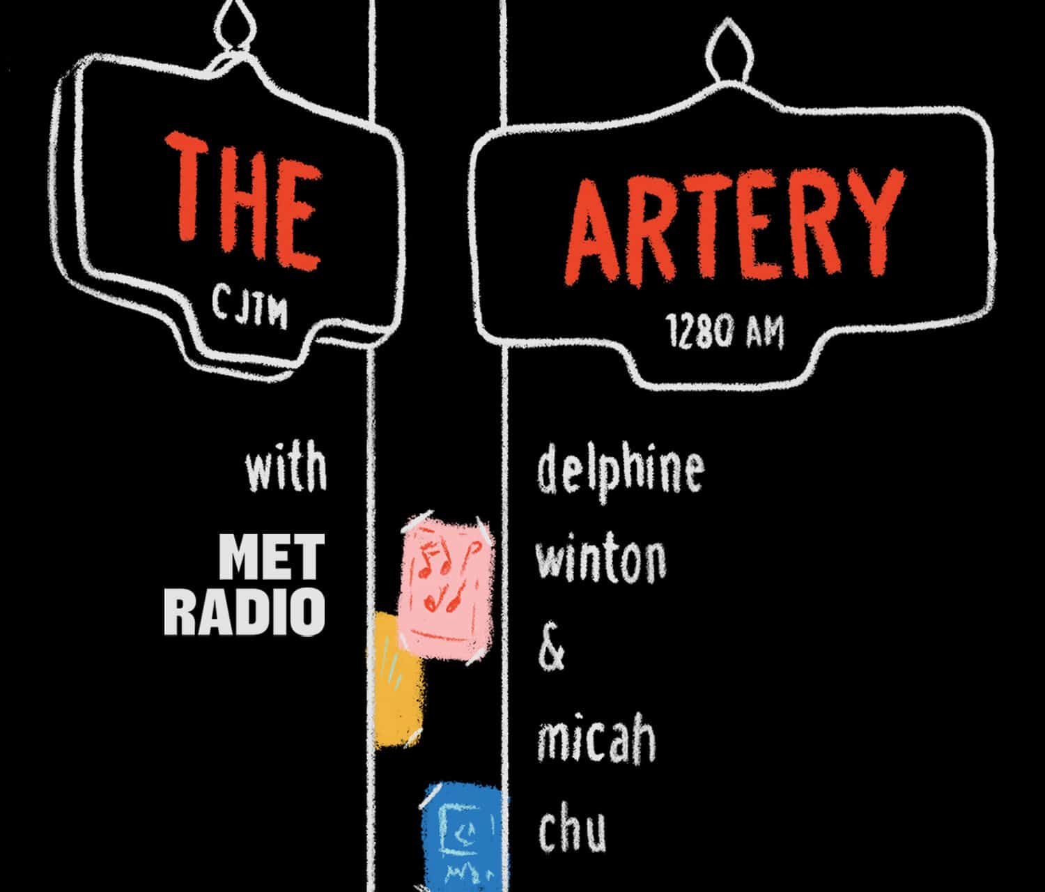 An illustrated image of a sign post with two street signs on it - one reads "The" and the other "Artery". Below the signs, it reads "with Met Radio, by Delphine Winton and Micah Chu".
